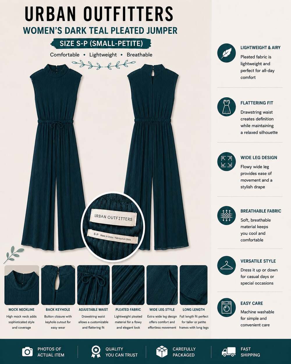 Urban Outfitters Eliza Dark Teal Pleated Mock-Neck Wide-Leg Jumpsuit